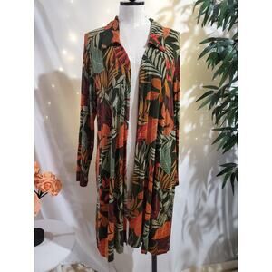 Vtg Slinky Brand Botanical Leaf Open Duster Cardigan Topper Size L Artsy Boho